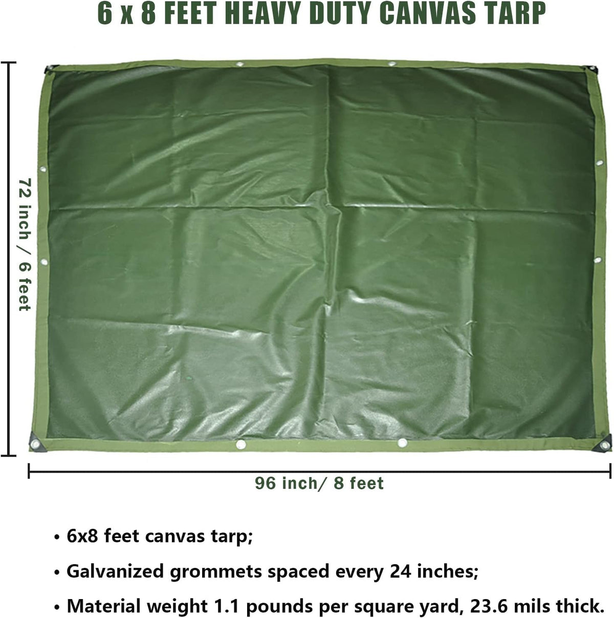 Green 6 x 8 Feet Waterproof Canvas Tarp with Rust Grommets D532