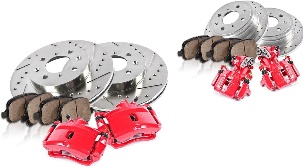 Powder Coated Red Calipers + Drilled Slotted Rotors + Ceramic Pads X343023