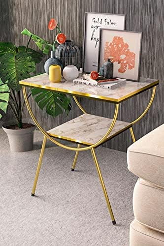 White Marble Nightstand with Gold Metal Legs Y897