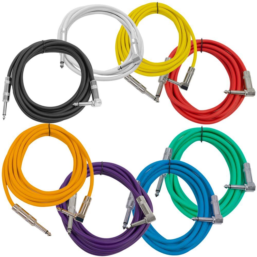 8 Pack of 10 Foot Multi-Color Right Angle to Straight Guitar Cables N347610