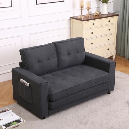 Dark Grey 3 in 1 Upholstered Convertible Futon Sofa Bed with Side Pockets T180