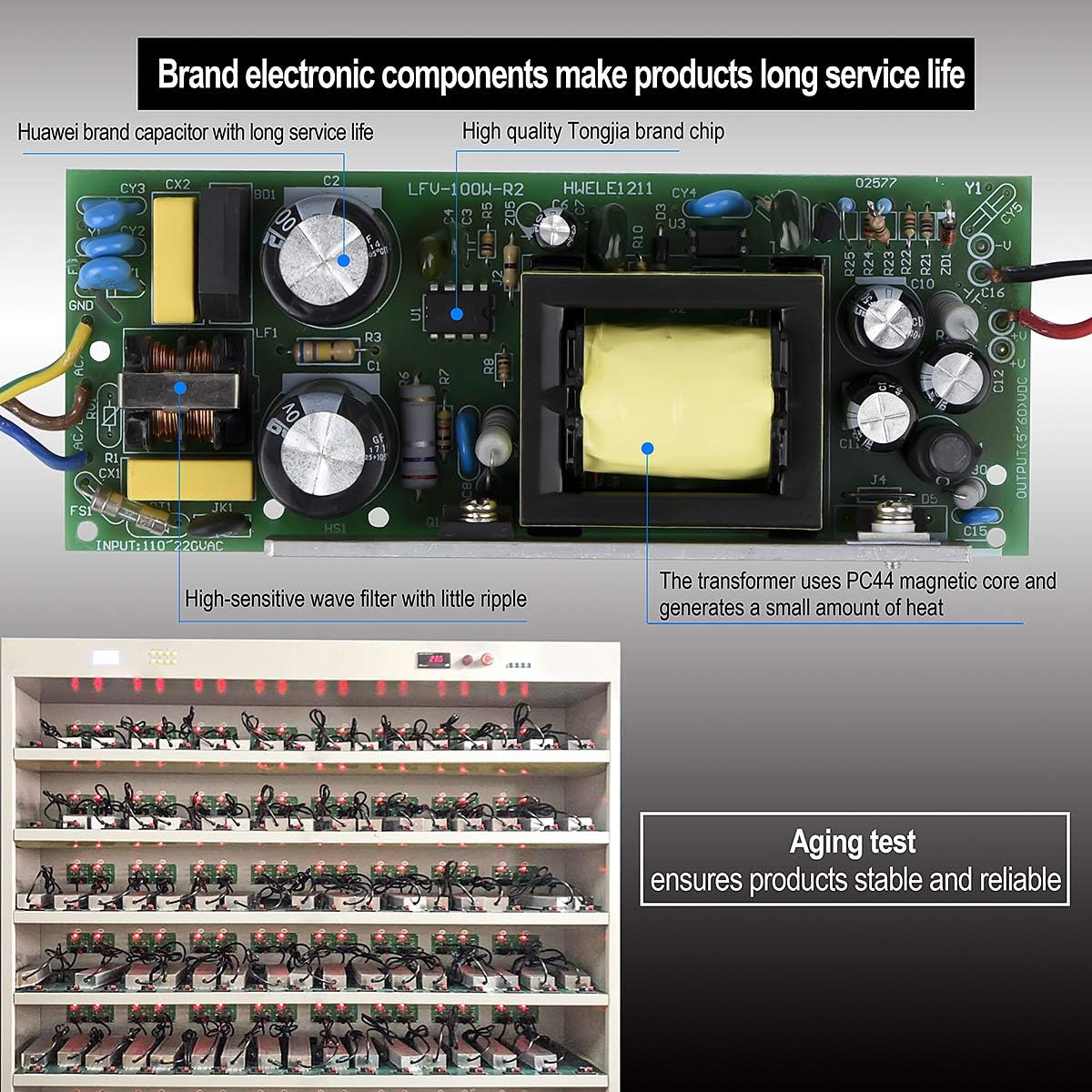 LED Driver 120W 12V DC Waterproof IP67 LED Power Supply with 3-Prong Plug 3.3 Feet Cable G72651