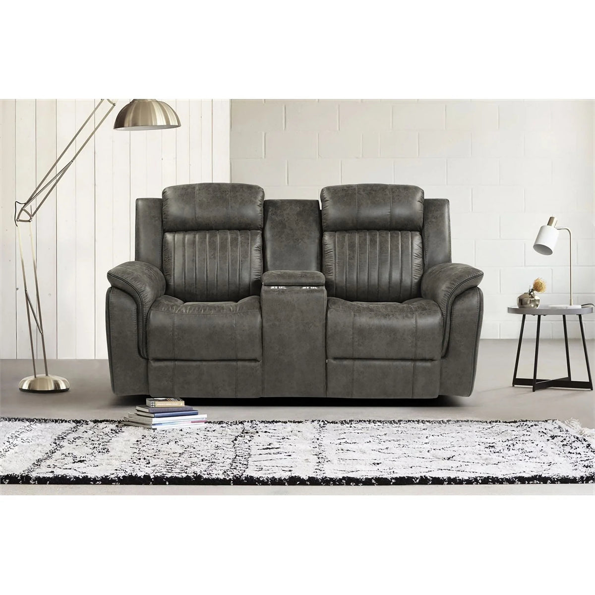 Gray Microfiber Double Reclining Loveseat with Center Console K348