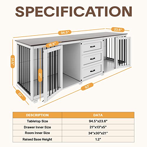 White 3 Drawer Wooden Dog Crate 95"x23"x32"H E7652