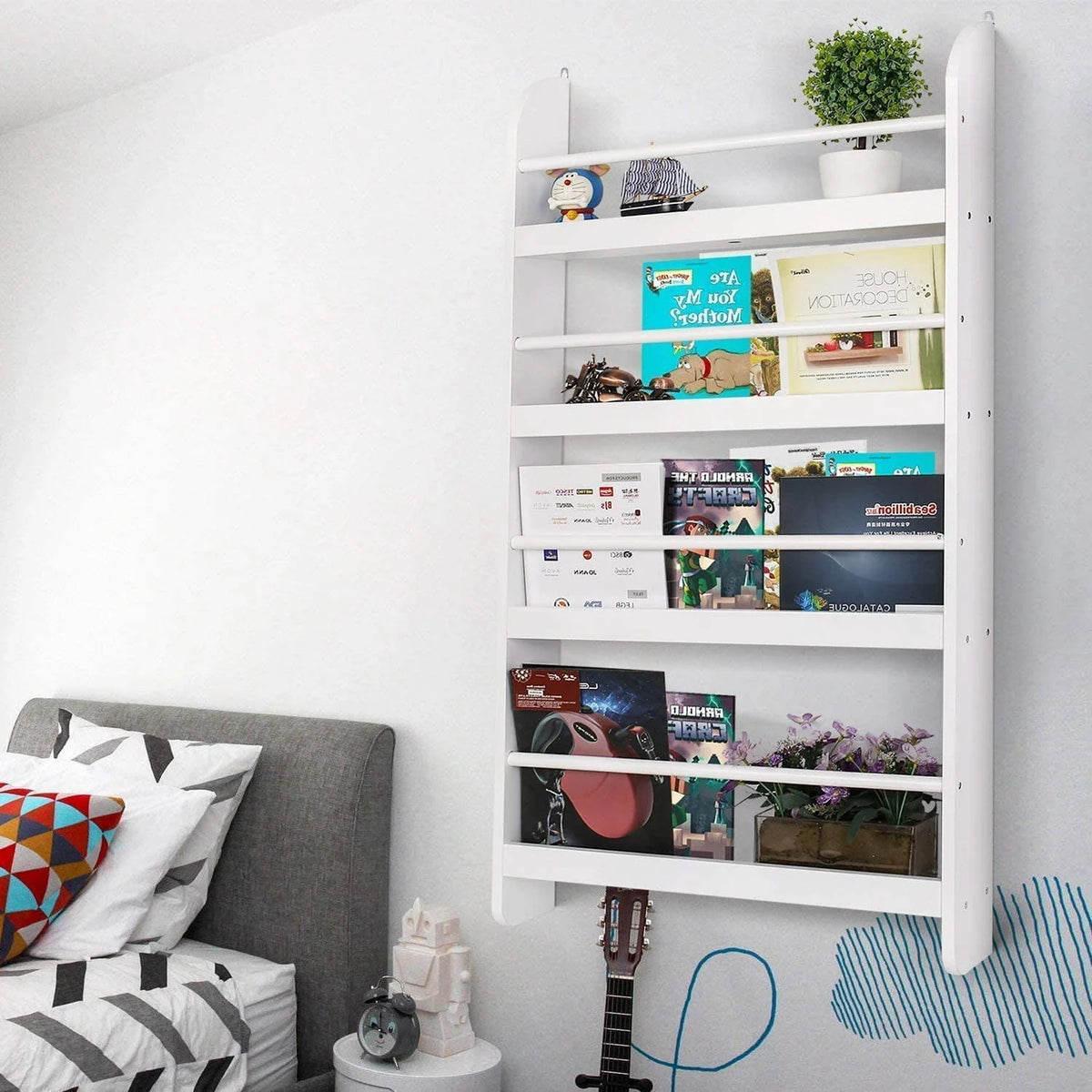 4-Tier White Wall Mounted Bookshelf Storage Rack P8893