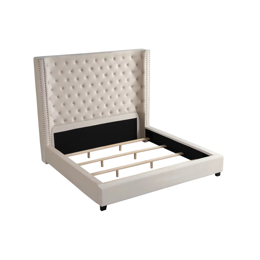Velvet Upholstered Queen Platform Bed Beige Q5277