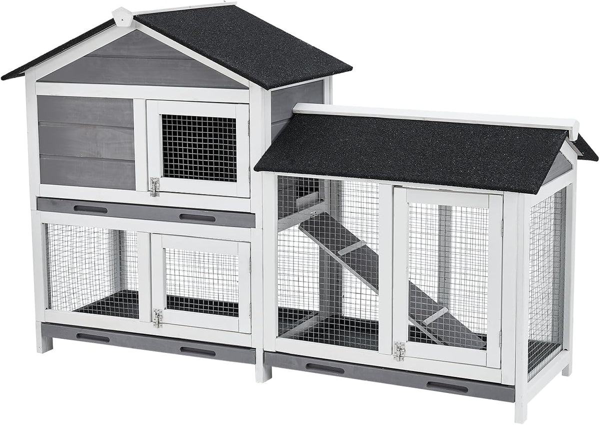 62" Wooden Waterproof Bunny Hutch Rabbit Cage Guinea Pig Coop with Stairs and Cleaning Tray V822