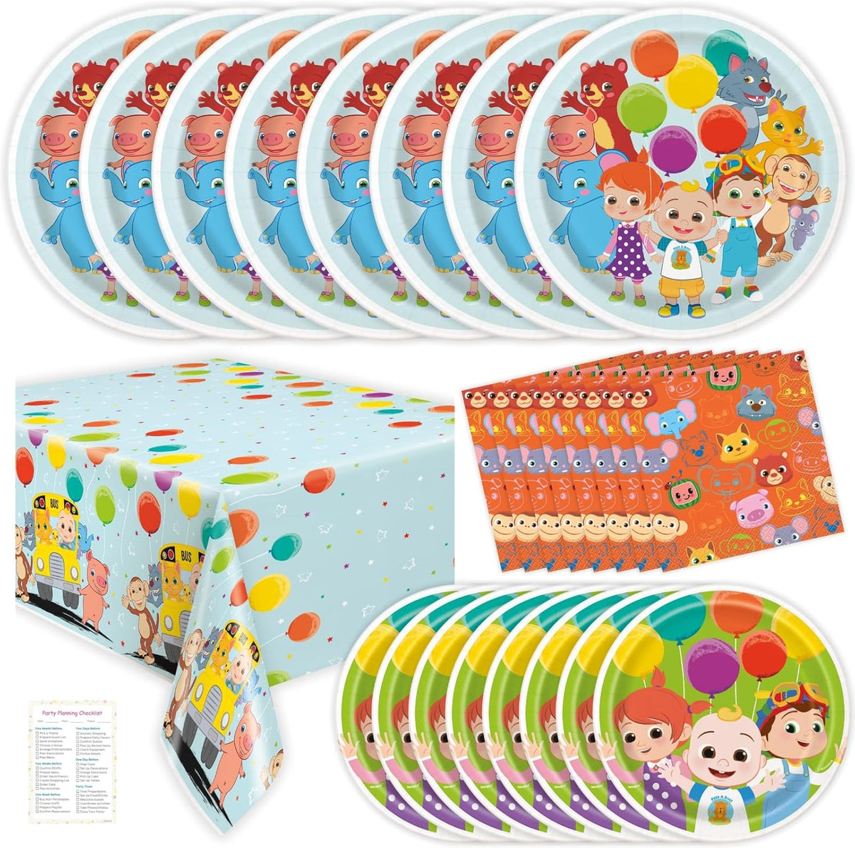Cocomelon Birthday Decorations Pack for 8 Guests - Plates and Napkins, Tablecloth, Checklist - Party Decorations, Party Supplies V460
