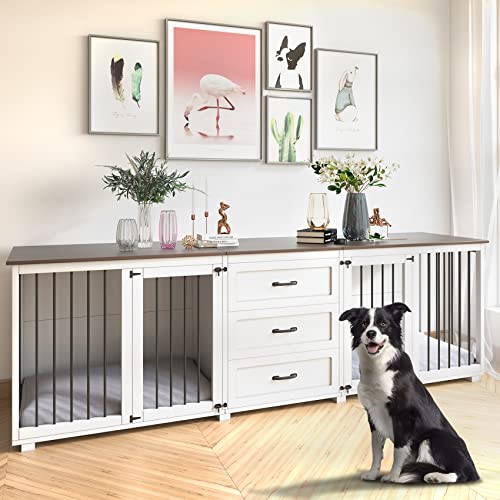White 3 Drawer Wooden Dog Crate 95"x23"x32"H E7652