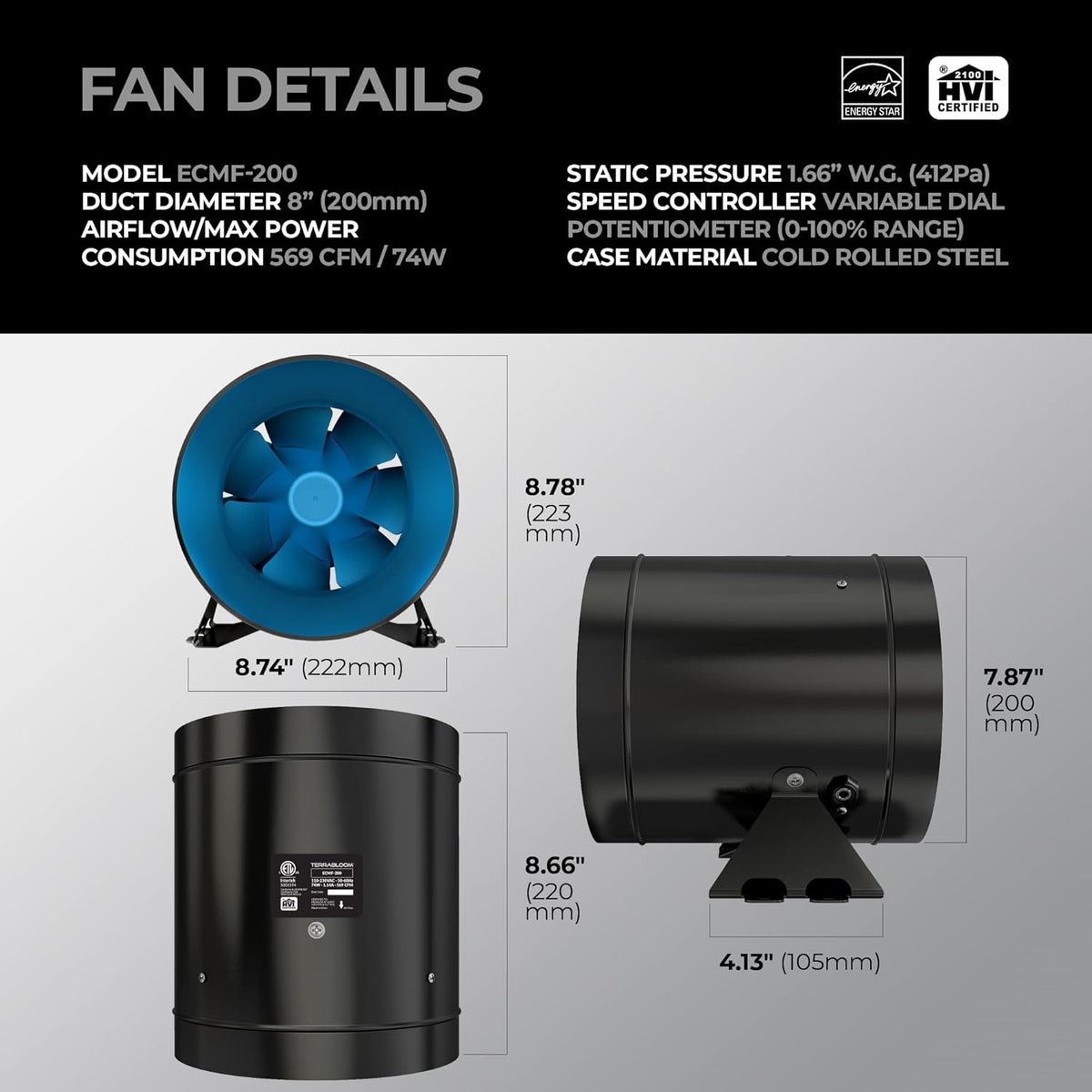 Quiet 8 Inline Duct Fan with Variable Speed Controller D15797