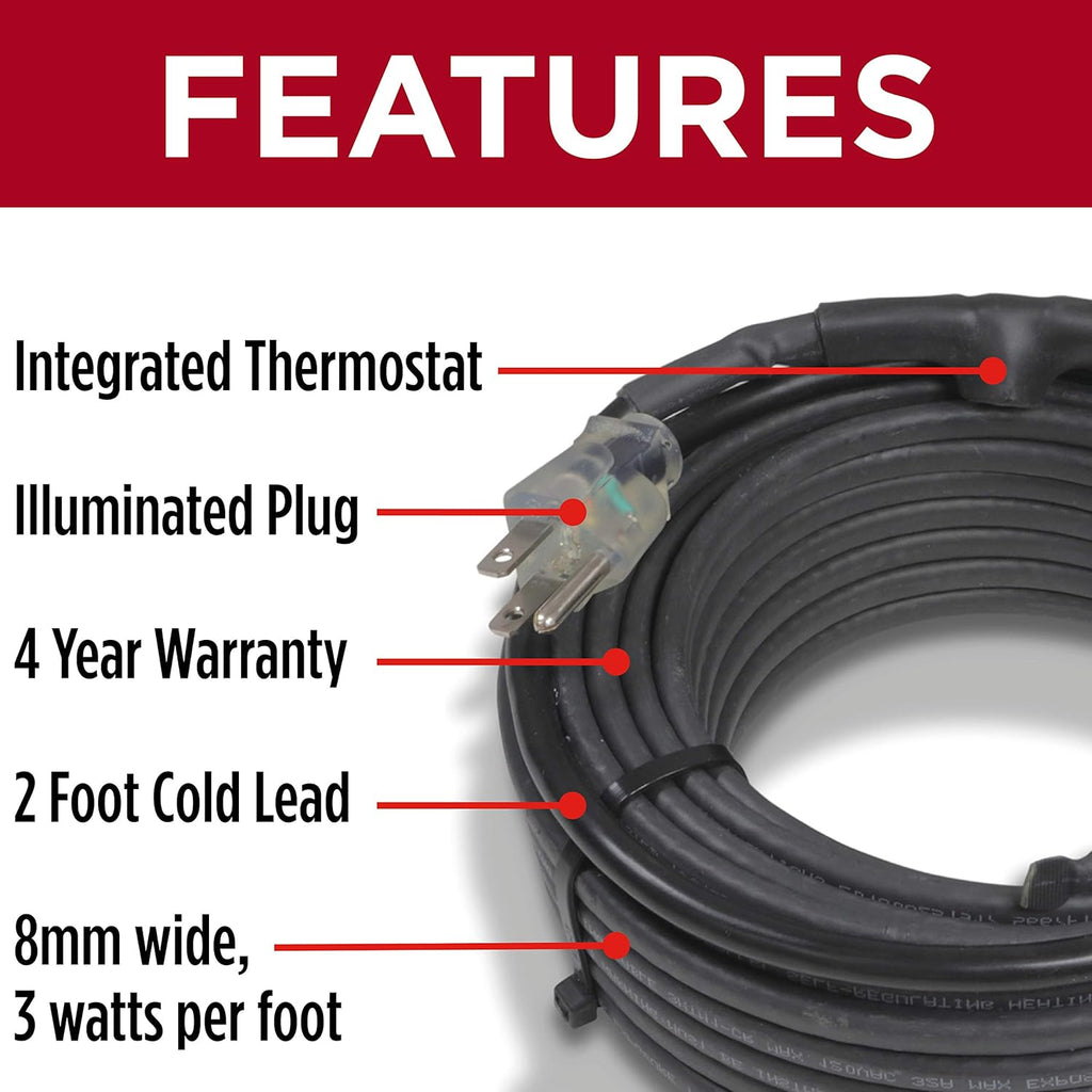 Self-Regulating Heat Cable with Built-in Thermostat 60 feet G306