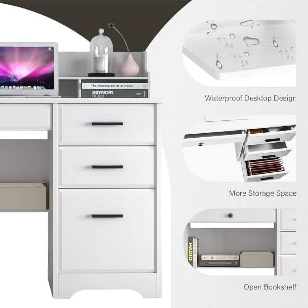 White 44" Wood Desk with 4 Drawers and Hutch M428