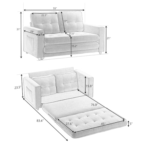 Dark Grey 3 in 1 Upholstered Convertible Futon Sofa Bed with Side Pockets T180