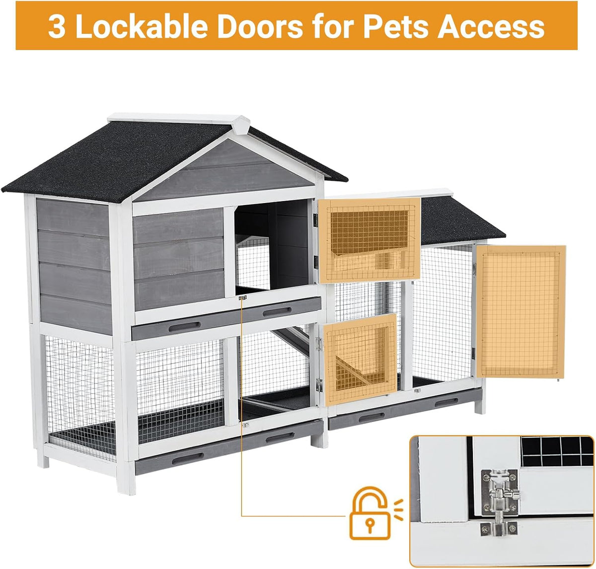 62" Wooden Waterproof Bunny Hutch Rabbit Cage Guinea Pig Coop with Stairs and Cleaning Tray V822