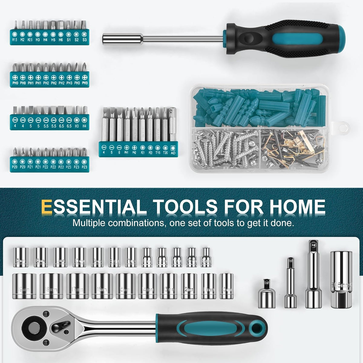 287PCs Hand Tool Set with Hammer, Pliers, Ratchet Wrench, Socket, Tool Box Case S448