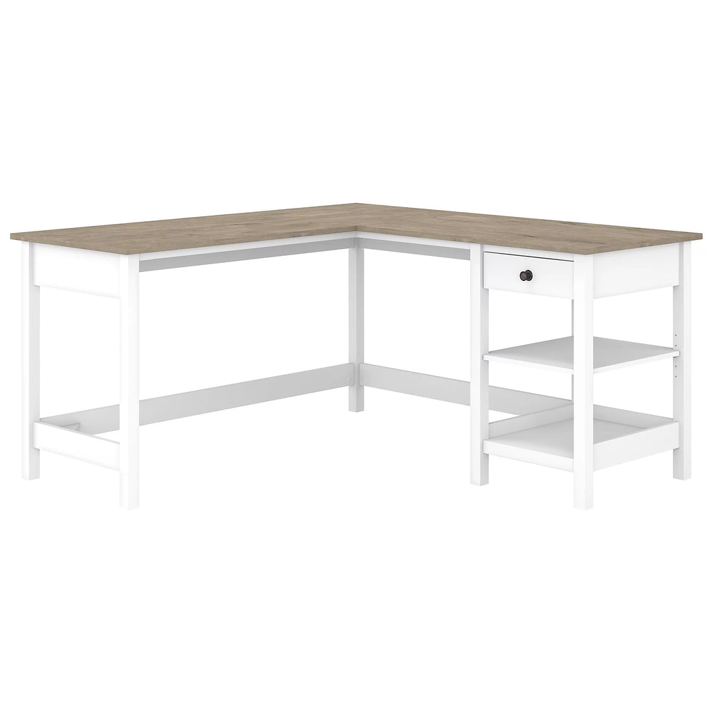 60W L Shaped Computer Desk with Storage in Shiplap Gray and Pure White R537
