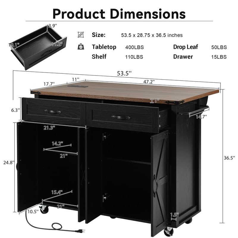 Black Farmhouse Kitchen Island with Power Outlet and Drop Leaf P183