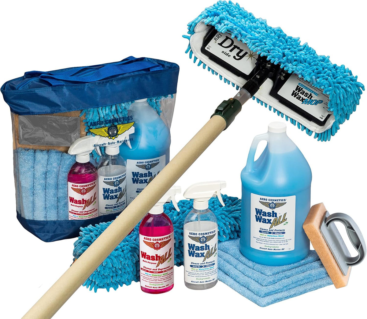 Waterless RV Aircraft Boat Wash Wax Mop Kit with Deluxe Pole (3' 9" to 9') O687358