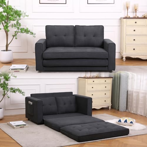 Dark Grey 3 in 1 Upholstered Convertible Futon Sofa Bed with Side Pockets T180
