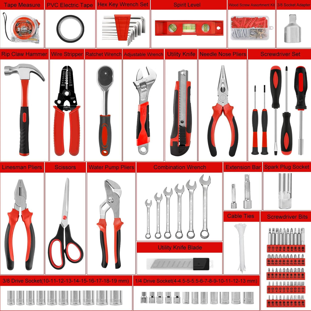 287PCs Hand Tool Set with Hammer, Pliers, Ratchet Wrench, Socket, Tool Box Case S448