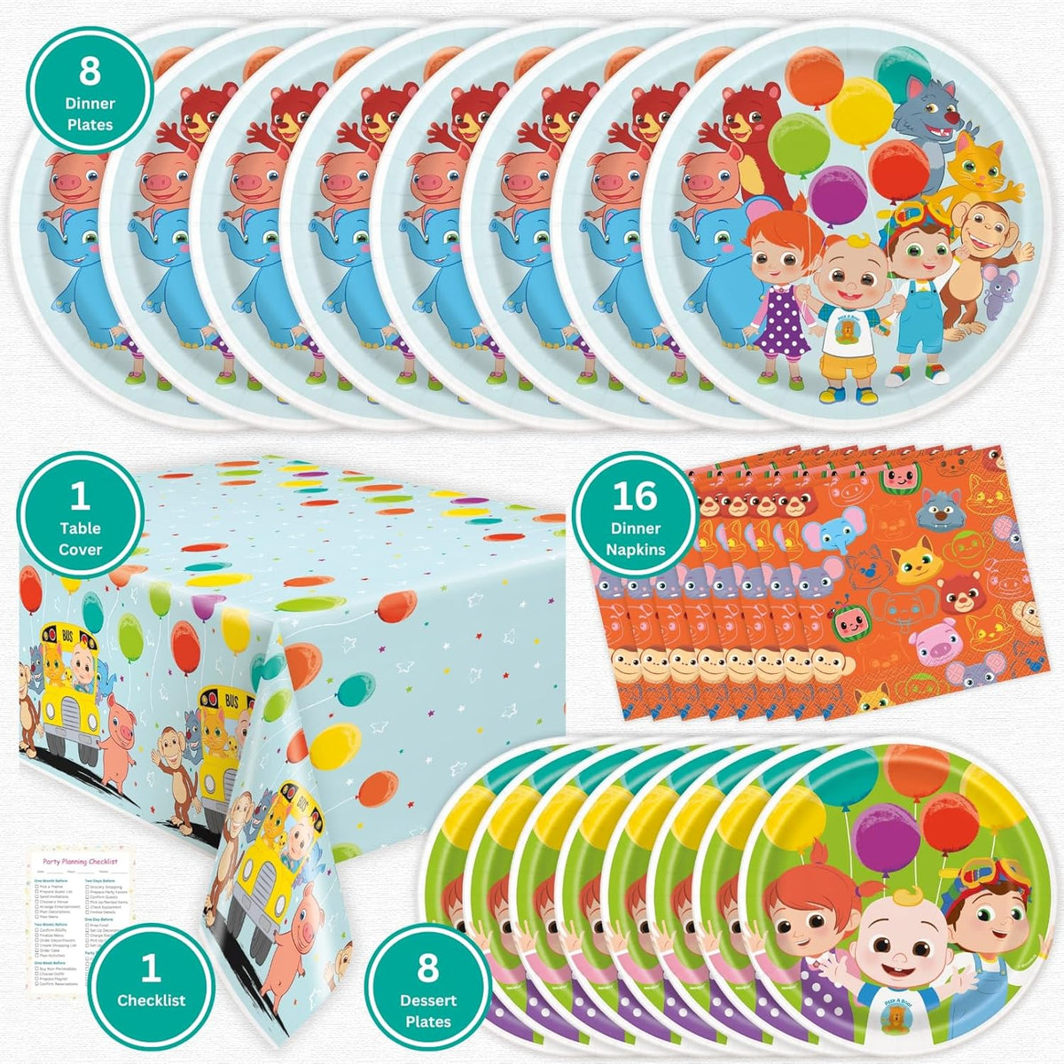 Cocomelon Birthday Decorations Pack for 8 Guests - Plates and Napkins, Tablecloth, Checklist - Party Decorations, Party Supplies V460
