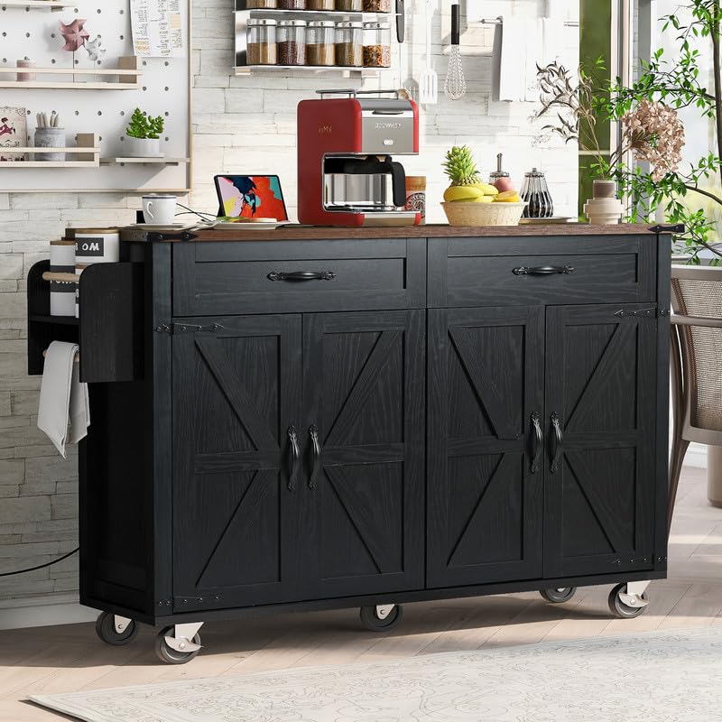 Black Farmhouse Kitchen Island with Power Outlet and Drop Leaf P183