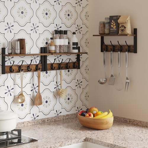 Rustic Brown Wood Coat Rack with 16 Hooks, Set of 4 H2836