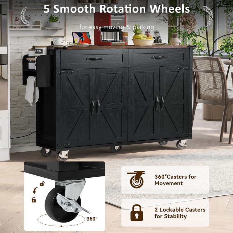 Black Farmhouse Kitchen Island with Power Outlet and Drop Leaf P183