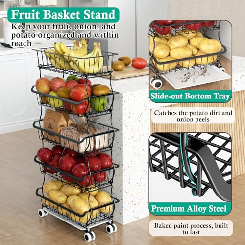 5 Tier Wire Fruit Basket with Wheels V288101