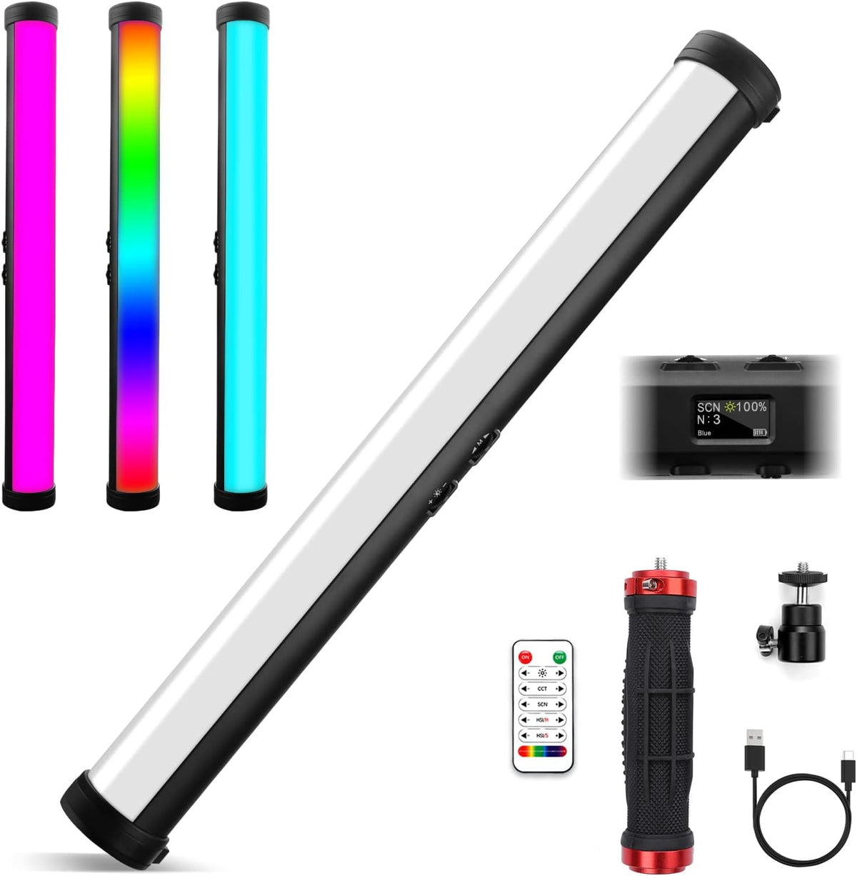 RGB Led Video Light Stick Wand, 2600-12000K Portable Studio Photography Lighting, 4000mAh Rechargeable Battery, 15 Lights Effects U36641
