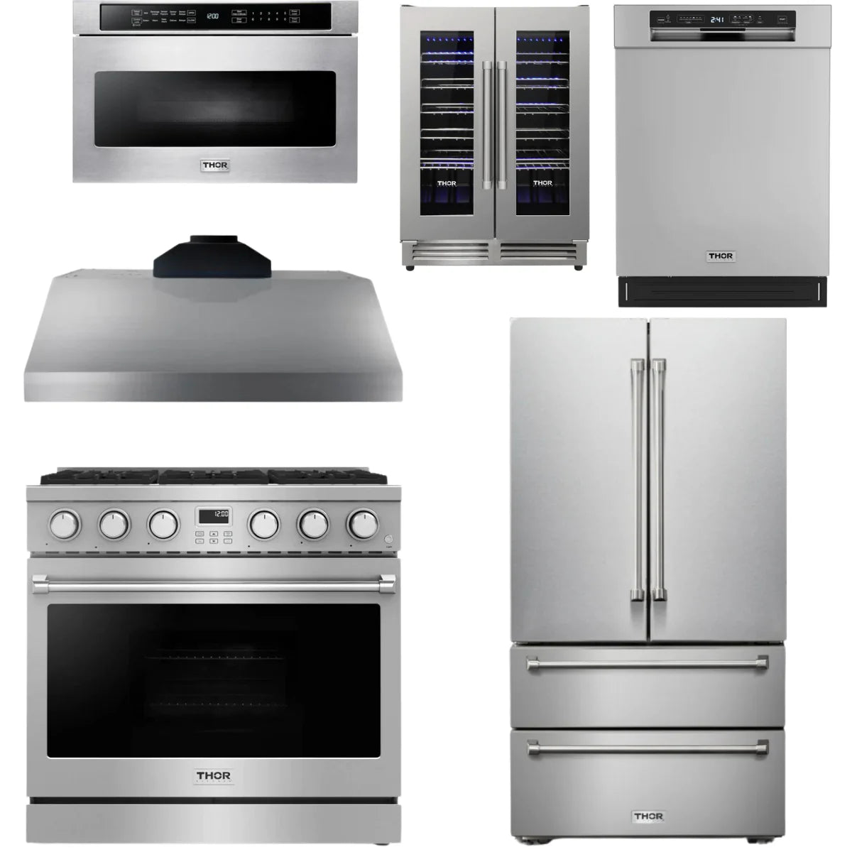 36 Gas Range, Range Hood, Refrigerator, Dishwasher, Microwave and Wine Cooler L597339