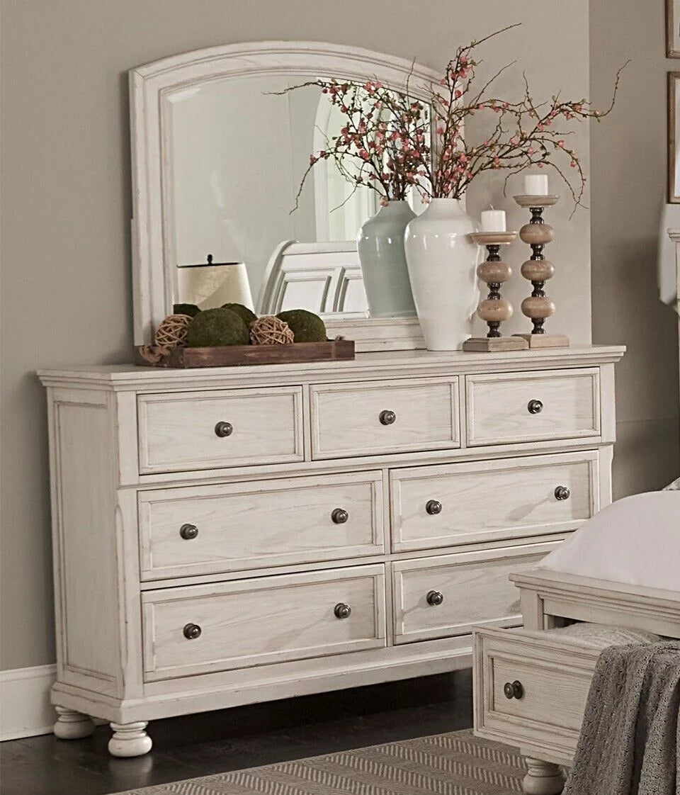 King 5pc Bedroom Set Platform Bed Dresser Mirror Chest Nightstand White Y598623