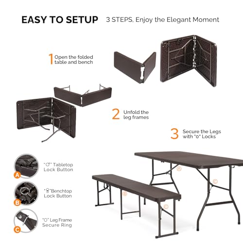 White 6 Feet 3-Piece Folding Picnic Table Set with 2 Benches D3977