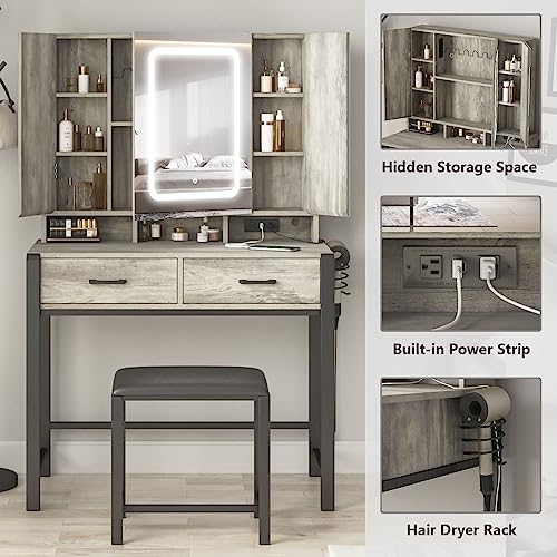 Vanity Desk with Lighted Tri-Fold Mirror and 2 Drawers R205348