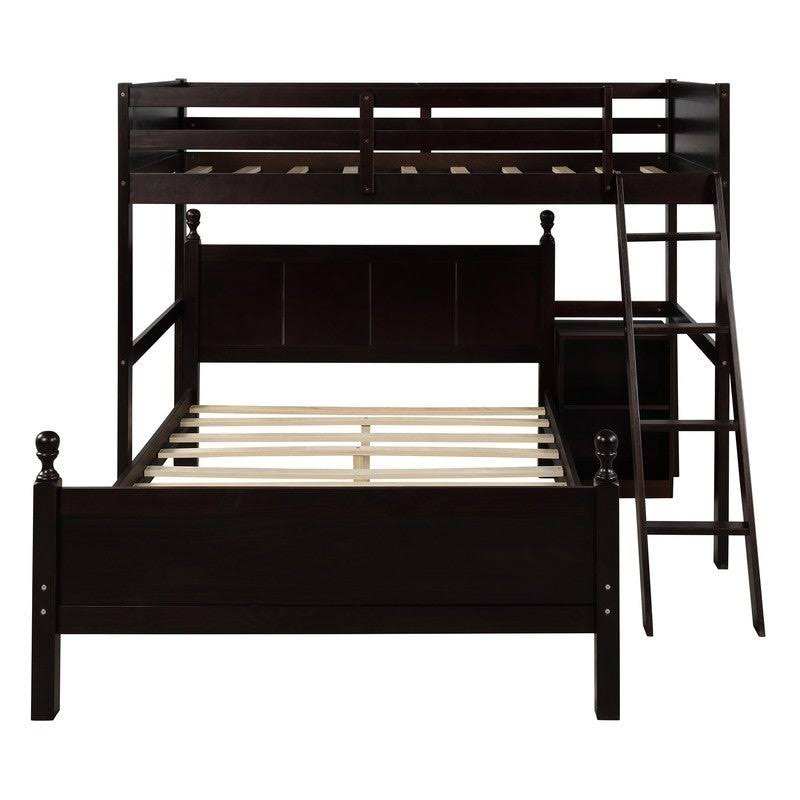 Espresso Pine Wood Twin Over Full Loft Bed with Cabinet P7743