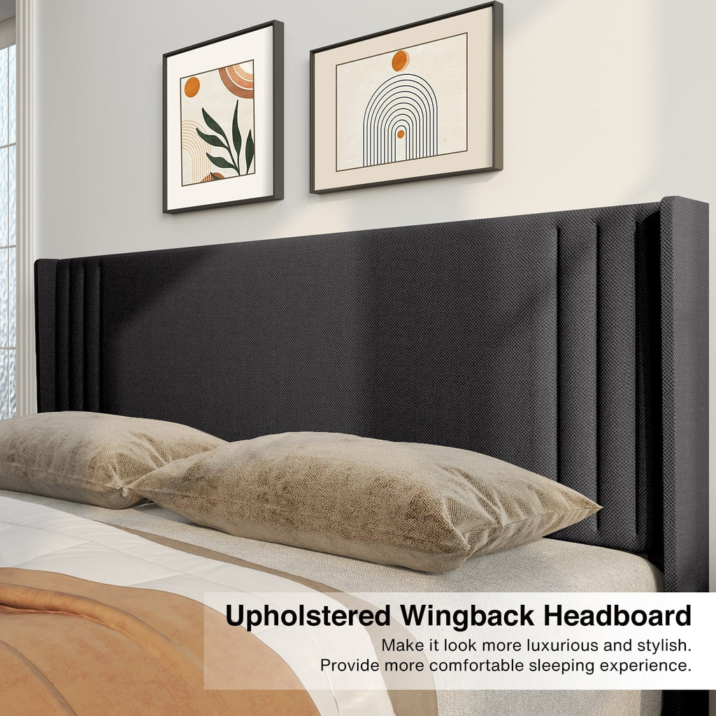 Queen Full Wingback Platform Bed Frame with Under-bed Storage Beige X1782