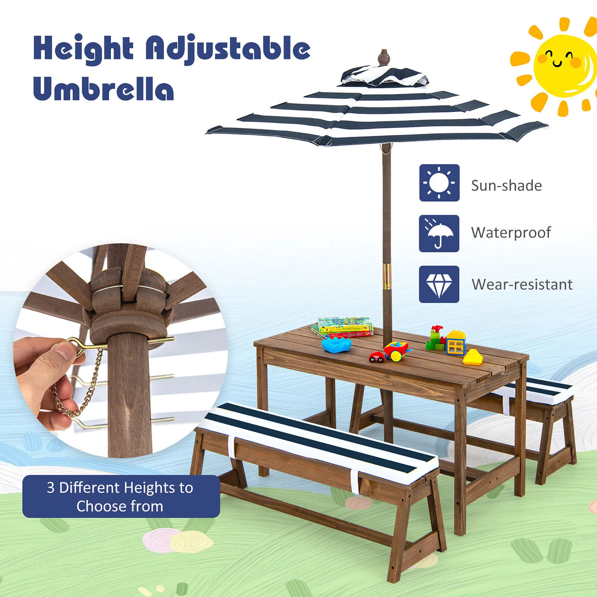 Kids Wood Picnic Table and Bench Set with Cushions Umbrella N3977