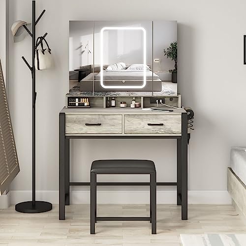 Vanity Desk with Lighted Tri-Fold Mirror and 2 Drawers R205348