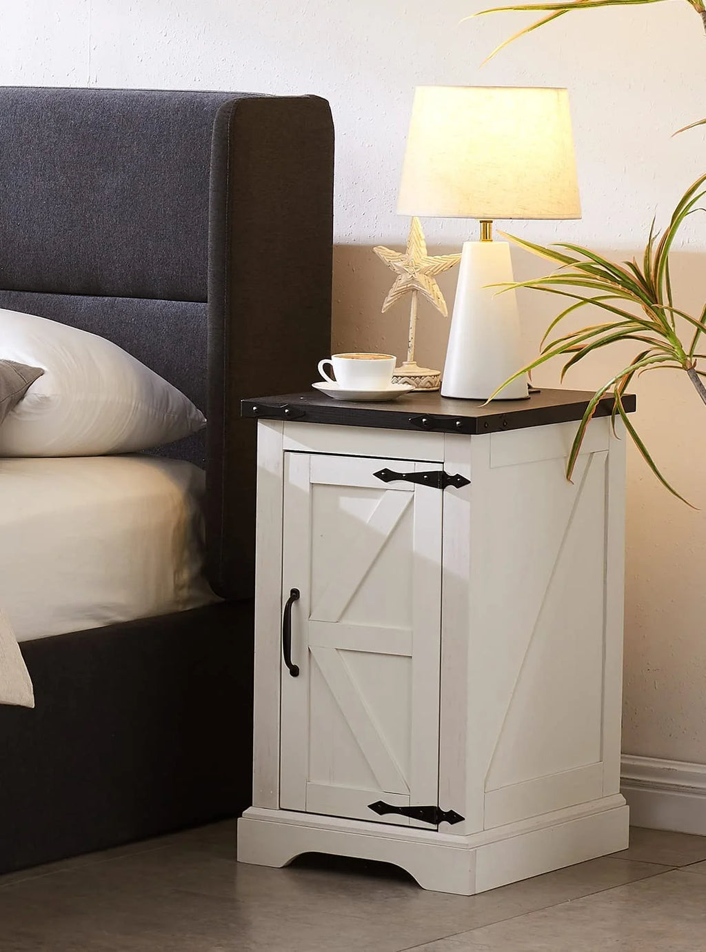 White Farmhouse Wood Nightstand with Charging Station P169275