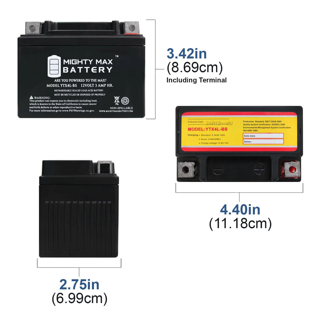 YTX4L-BS Replacement Battery + 12V 1Amp Charger X722697