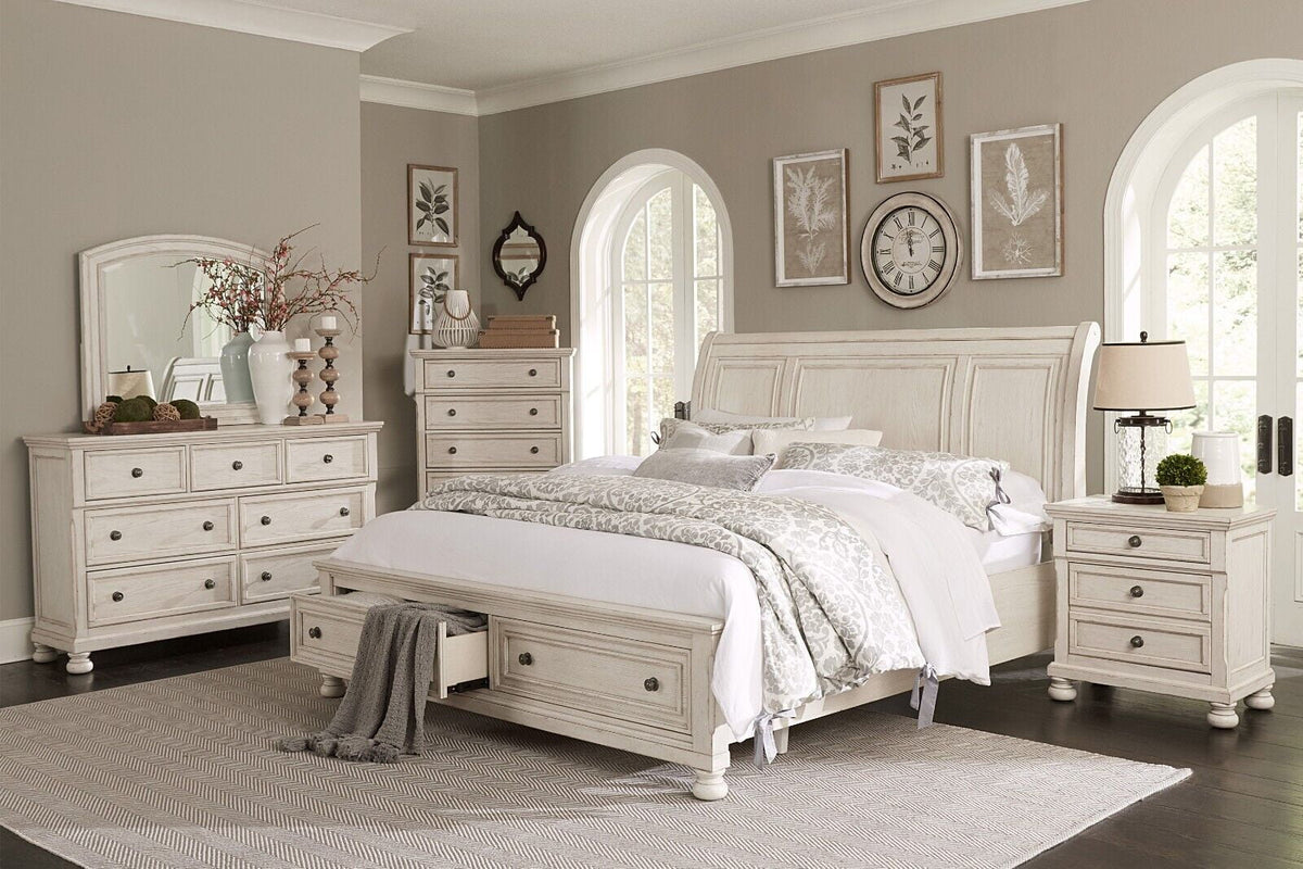 King 5pc Bedroom Set Platform Bed Dresser Mirror Chest Nightstand White Y598623