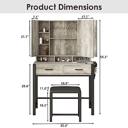 Vanity Desk with Lighted Tri-Fold Mirror and 2 Drawers R205348