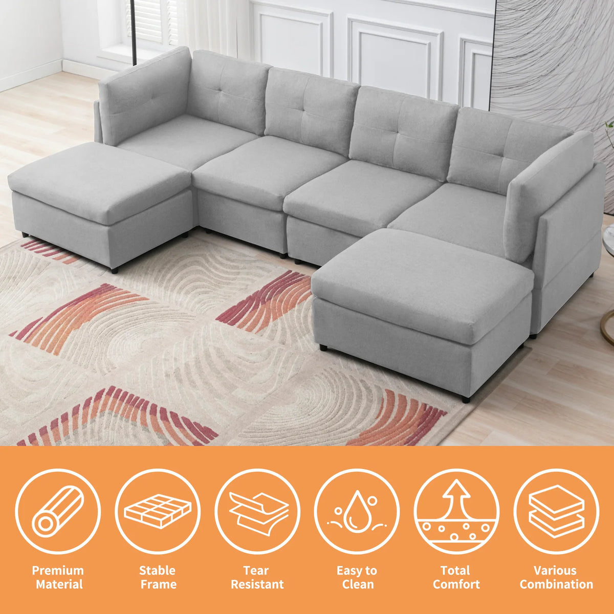 118" Convertible Linen Sectional Sofa with Ottomans N120