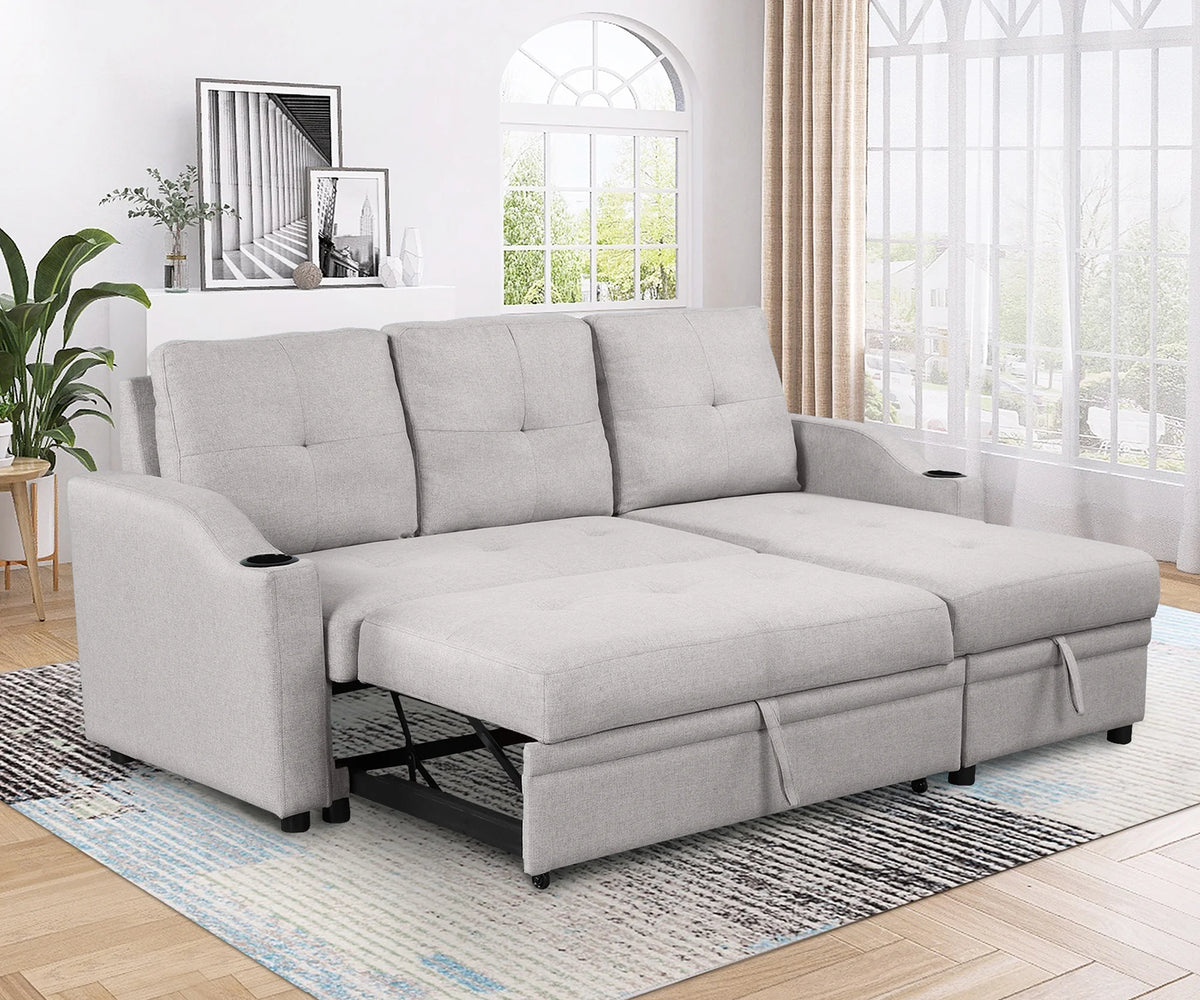 Pull Out Sleeper Sectional Sofa with Storage Chaise Gray C4926