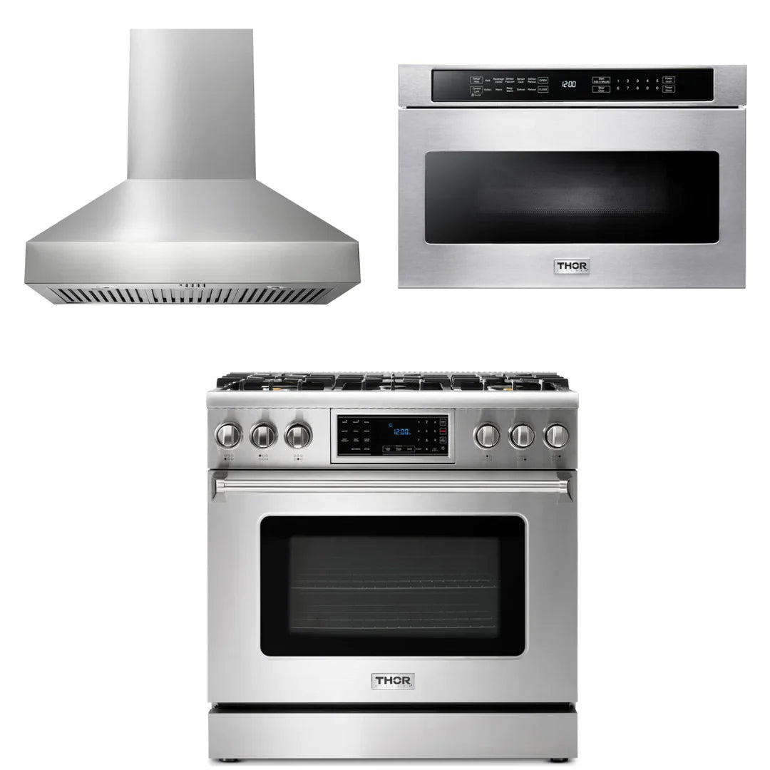 36 Gas Range, Range Hood, Microwave D7683
