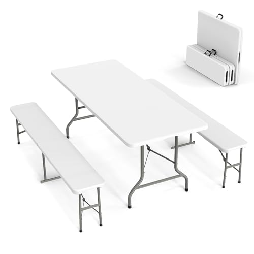 White 6 Feet 3-Piece Folding Picnic Table Set with 2 Benches D3977