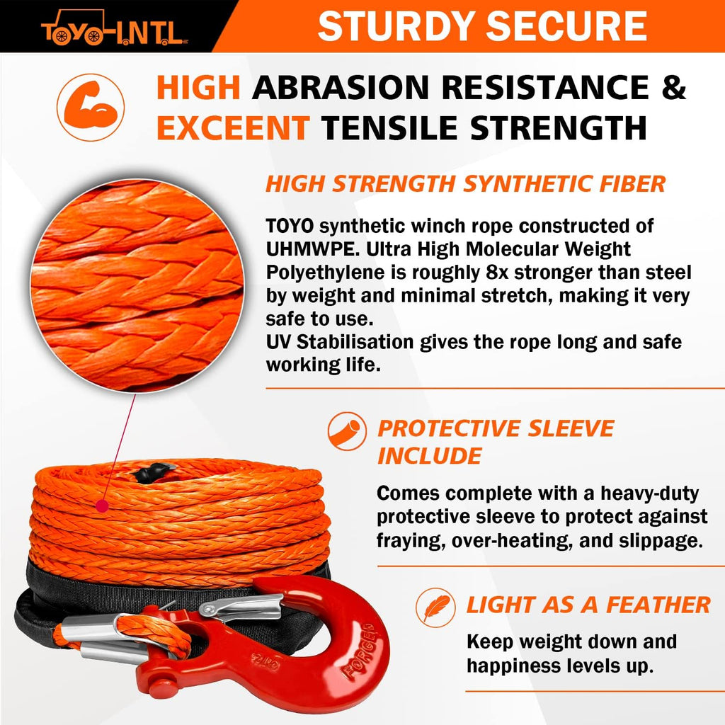3/8" x 100ft Synthetic Winch Rope with Hook and Sleeve Protection Orange Recovery Cable Rope A804