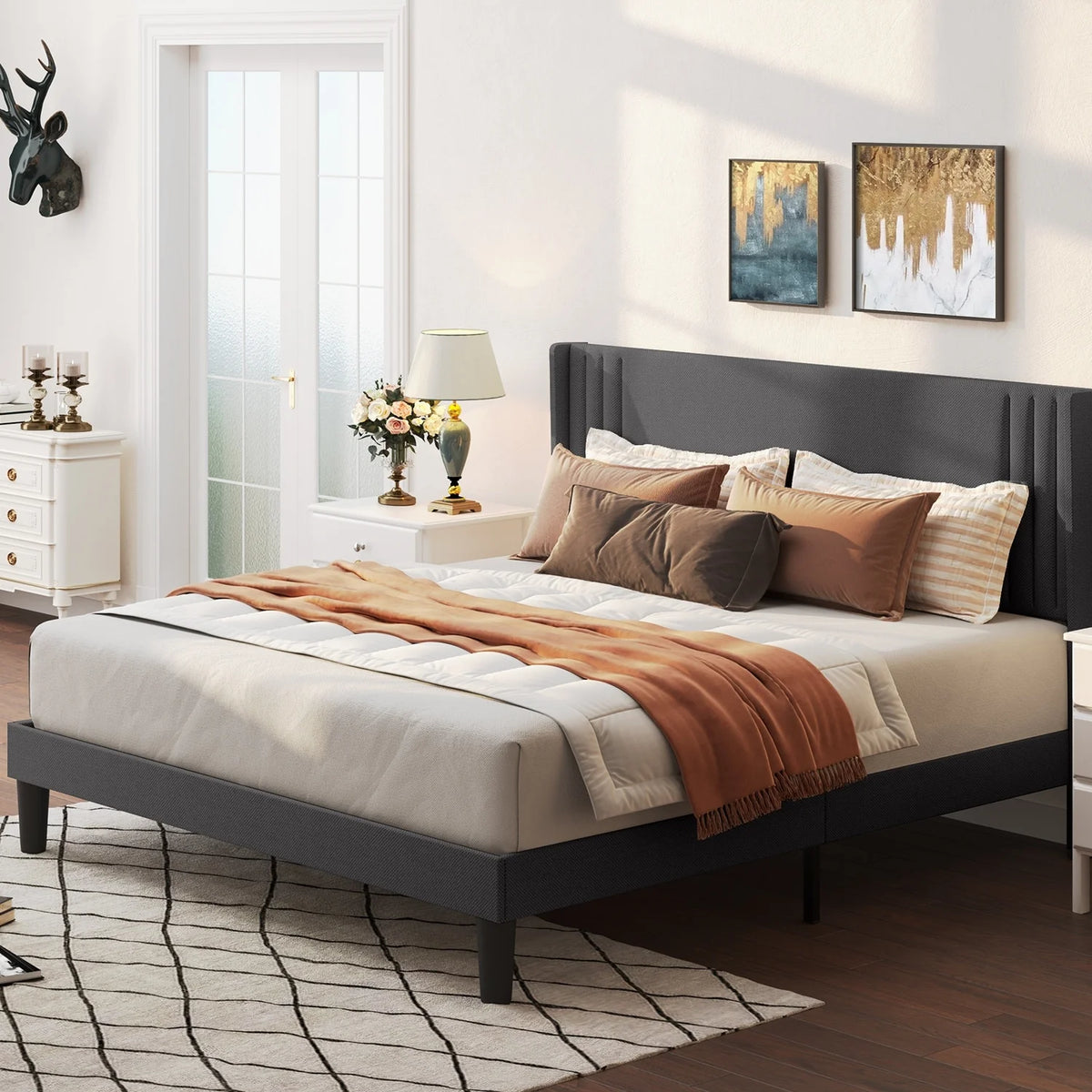 Queen Full Wingback Platform Bed Frame with Under-bed Storage Beige X1782
