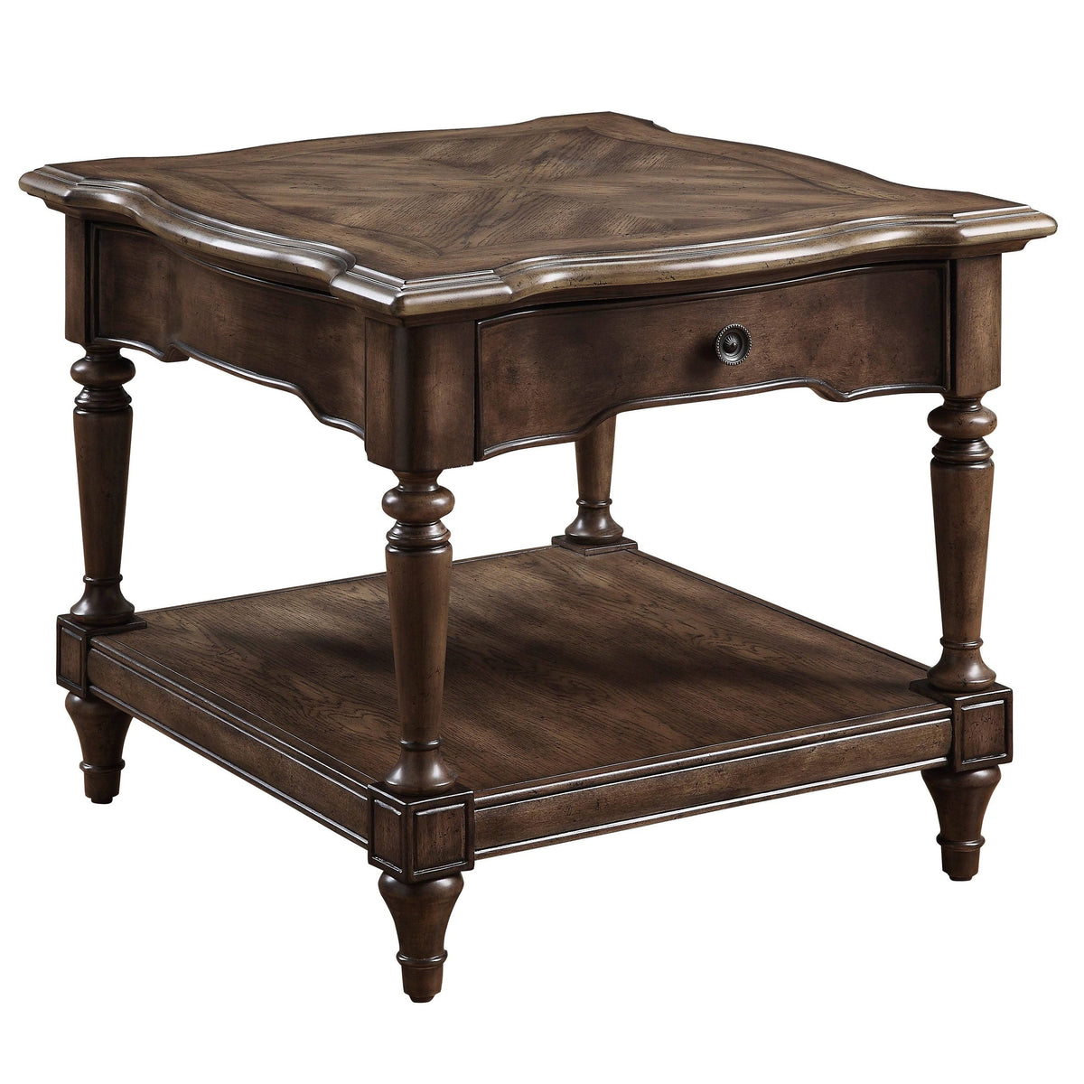 Brown 1 Drawer End Table with Open Bottom Shelf and Turned Feet G12698