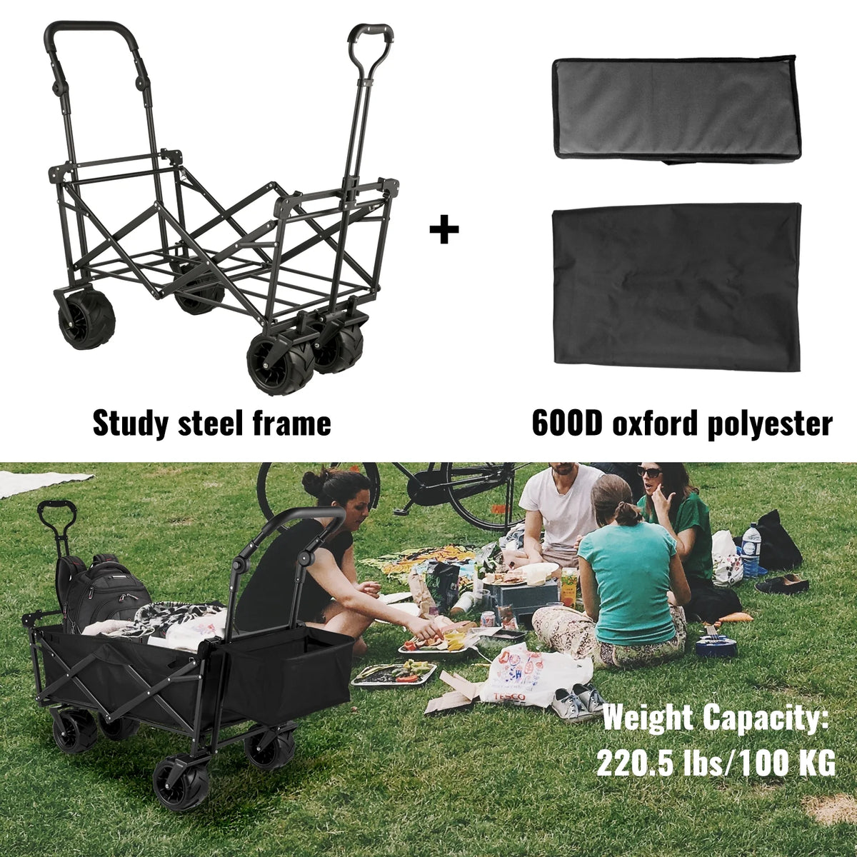 Collapsible Wagon Cart with Removable Canopy and All Terrain Wheels F7682